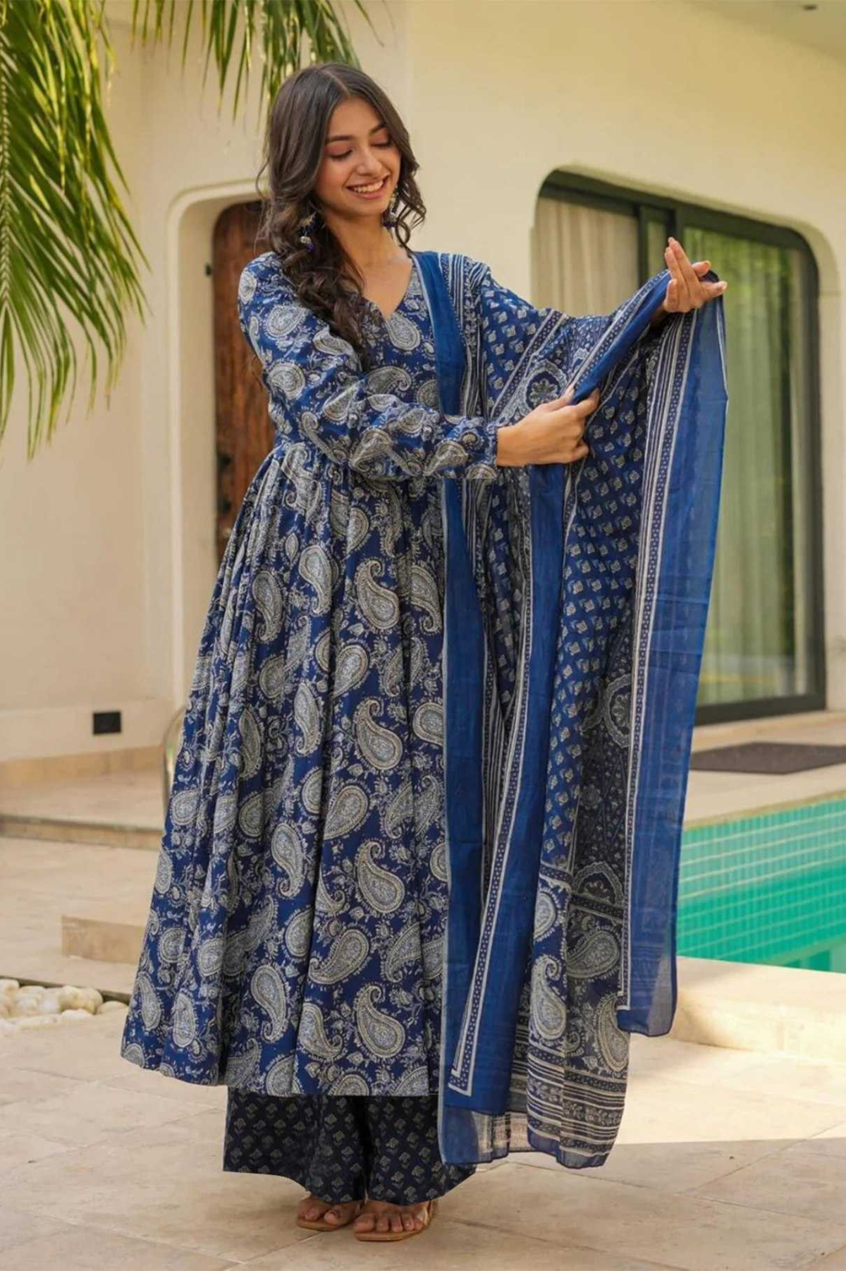 Indigo Paisley Anarkali Pant Dupatta Set