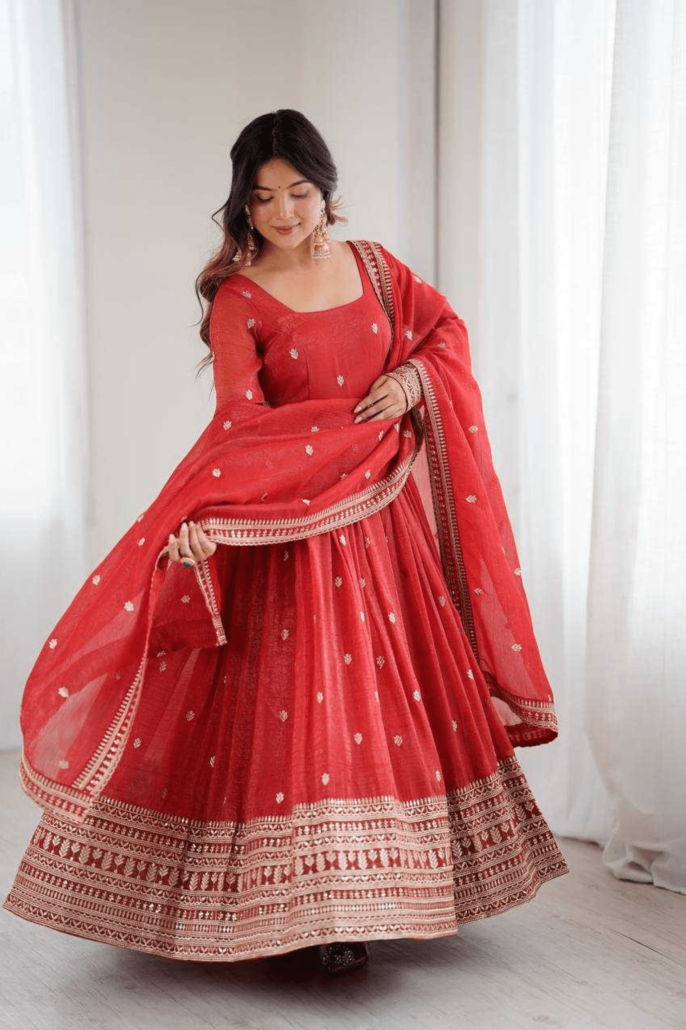 Crimson Heritage Crunchy Silk Anarkali Gown Set with Dupatta - kavyo.in