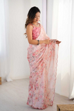 Elegant Pink Floral Chinnon Saree with Kutchi Mirror Lace Border