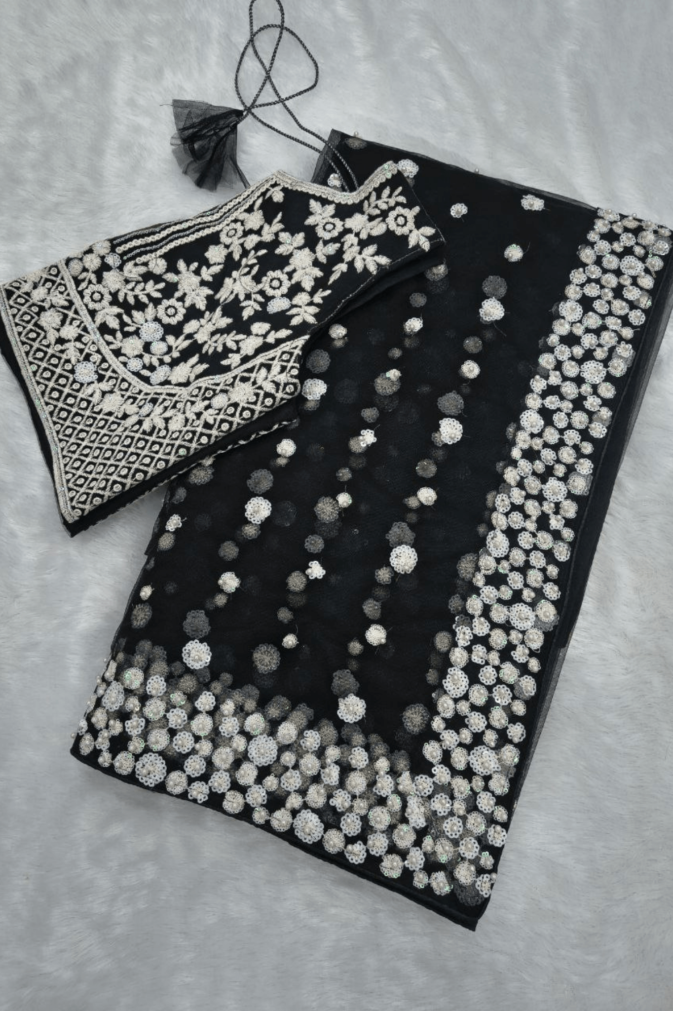 Midnight Black Butterfly Soft Net Saree with Pearl & Sequin Embroidery - kavyo.in