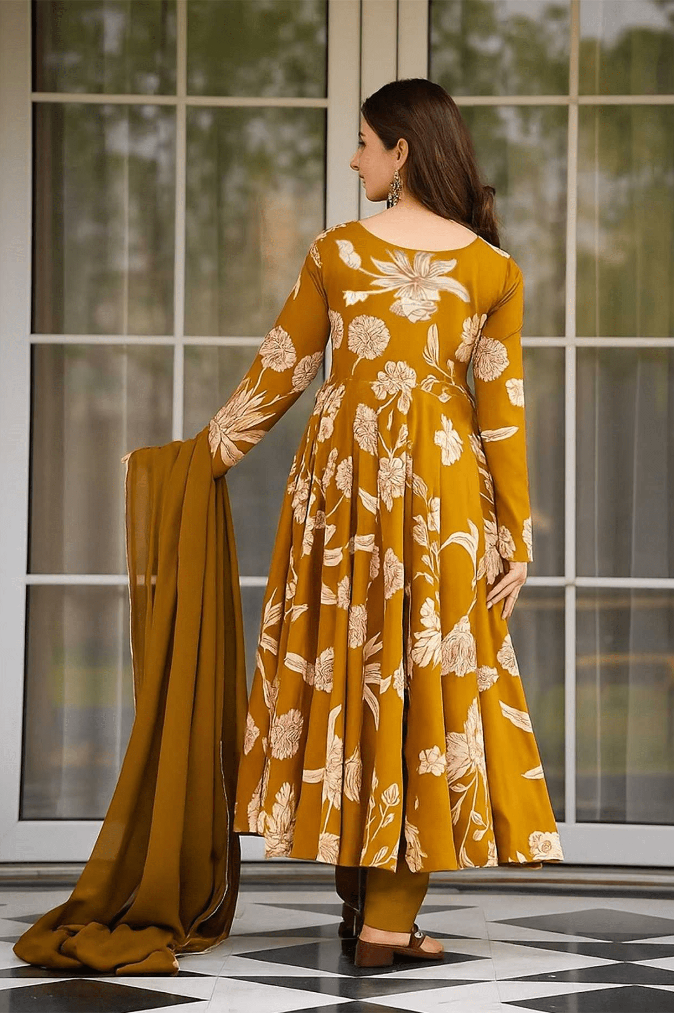 Vaani Mustard Bloom Rayon Anarkali Suit Set - kavyo.in