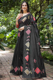 Black Soft Chanderi Cotton Saree with Embroidery & Zari Patti Border