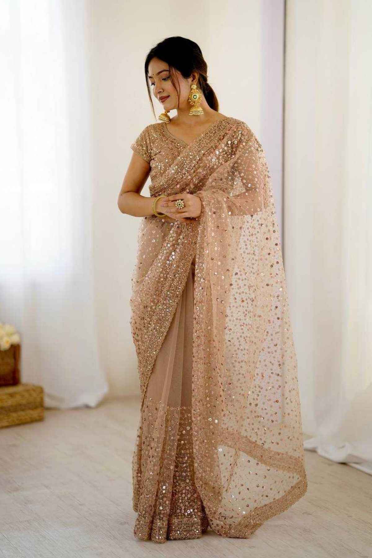 Net Saree with Heavy Sequins & Dori Work- Cream