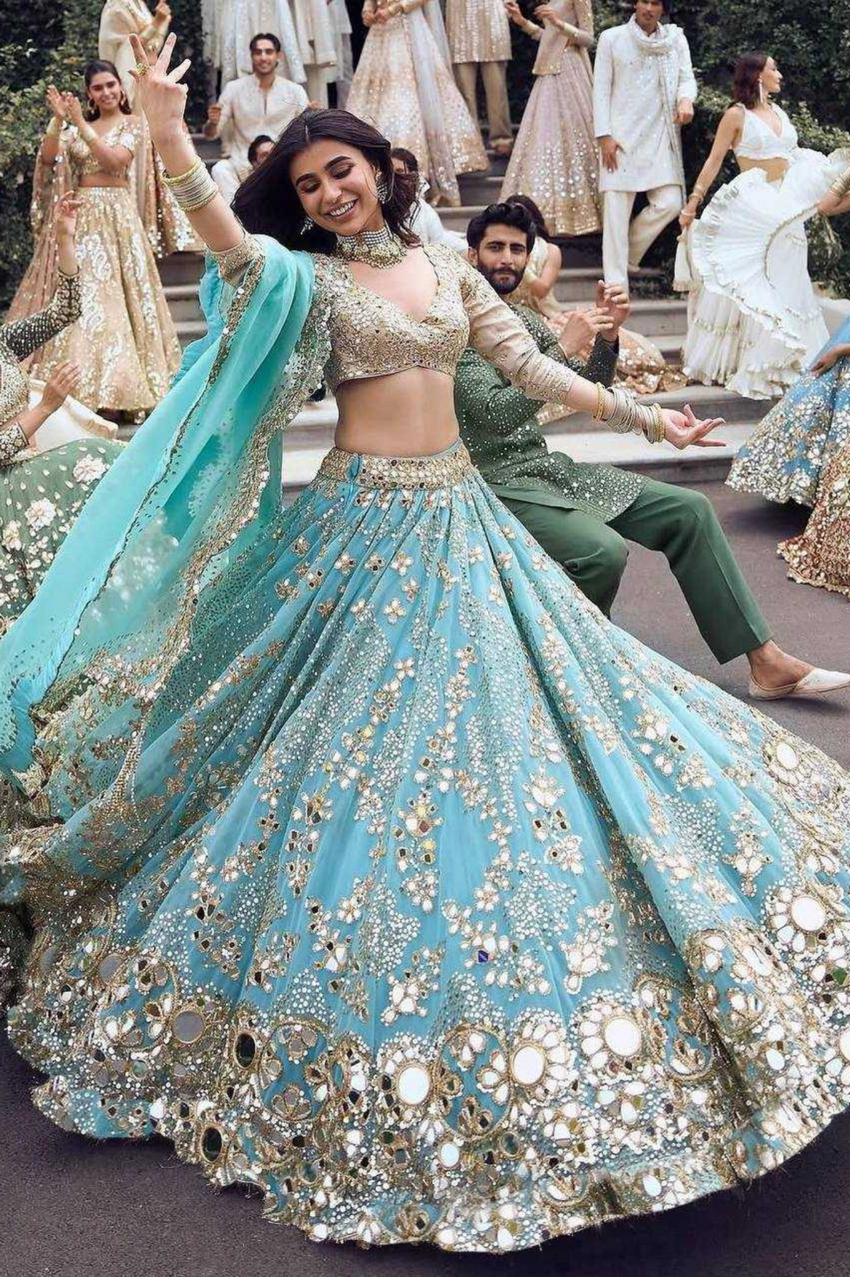 Celestial Aqua Blue Fox Georgette Mirror Work Lehenga