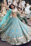 Celestial Aqua Blue Fox Georgette Mirror Work Lehenga
