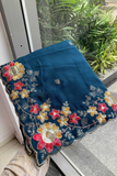 Teal Blue Soft Georgette Saree with Multicolor Embroidery Cutwork Border