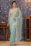 Aqua Blue Fox Georgette Saree with C-Pallu Embroidery & Cutwork Border