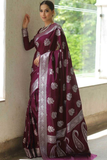 Wine Paisley Banarasi Soft Silk Silver Zari Woven Saree