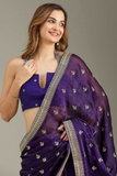 Purple Soft Fancy Chiffon Saree with Zari Pallu & Hand Stone Work