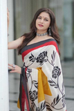 Yellow & White Linen Digital Printed Saree with Banglory Satin Blouse