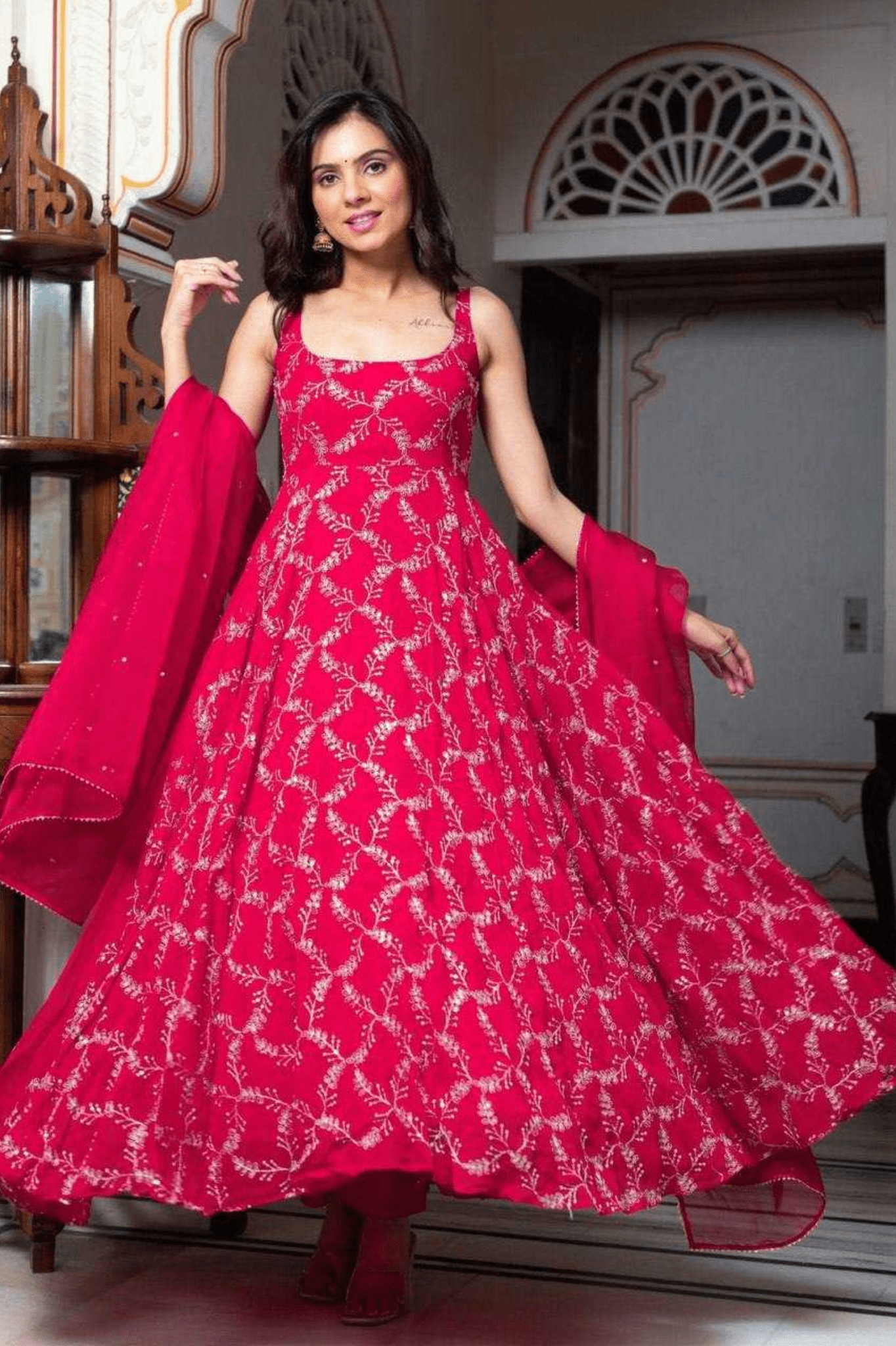 Ruby Red Faux Georgette Anarkali Set with Sharara & Lace Dupatta - kavyo.in
