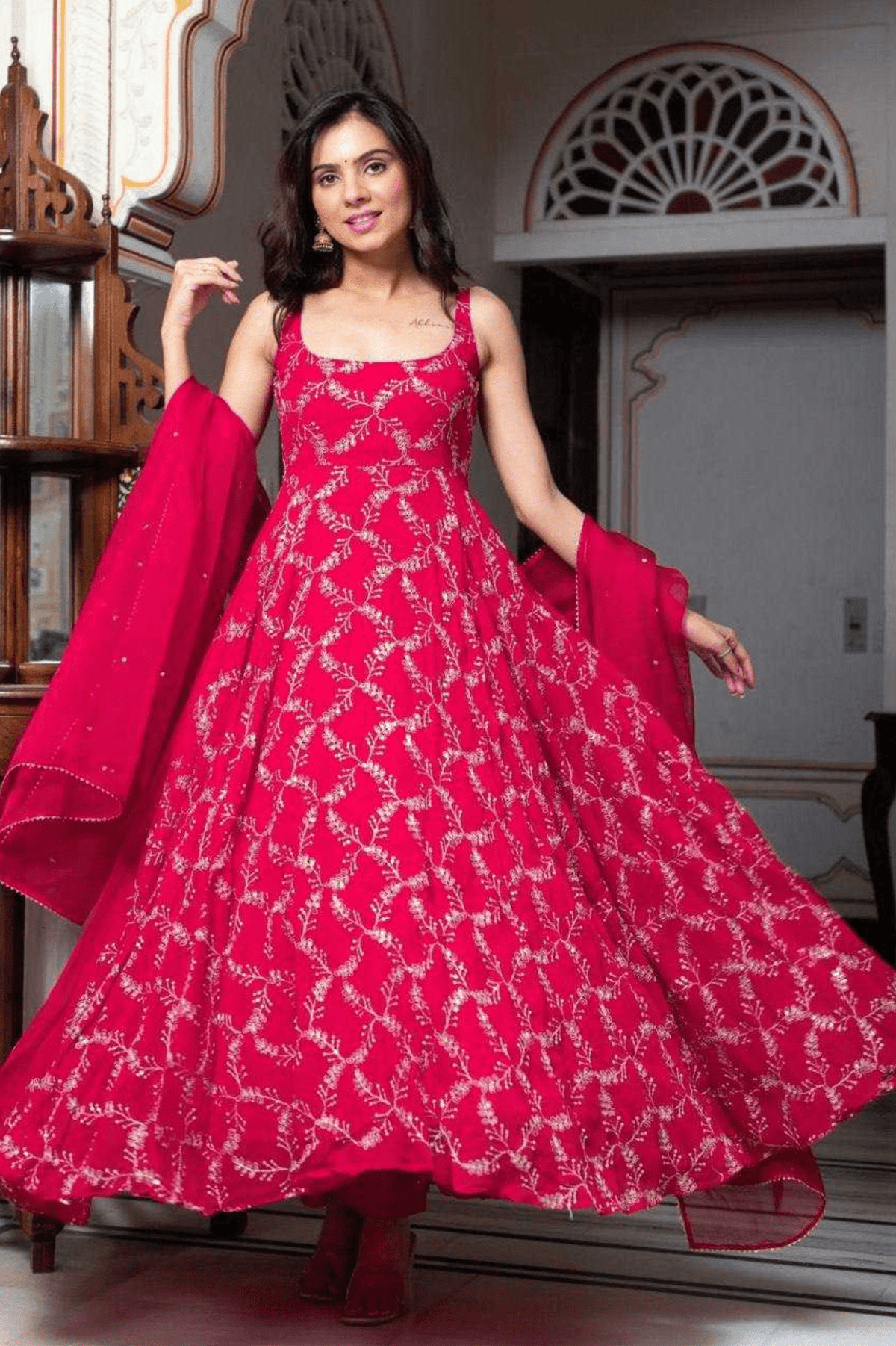 Ruby Red Faux Georgette Anarkali Set with Sharara & Lace Dupatta - kavyo.in