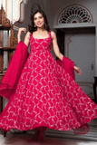 Ruby Red Faux Georgette Anarkali Set with Sharara & Lace Dupatta - kavyo.in