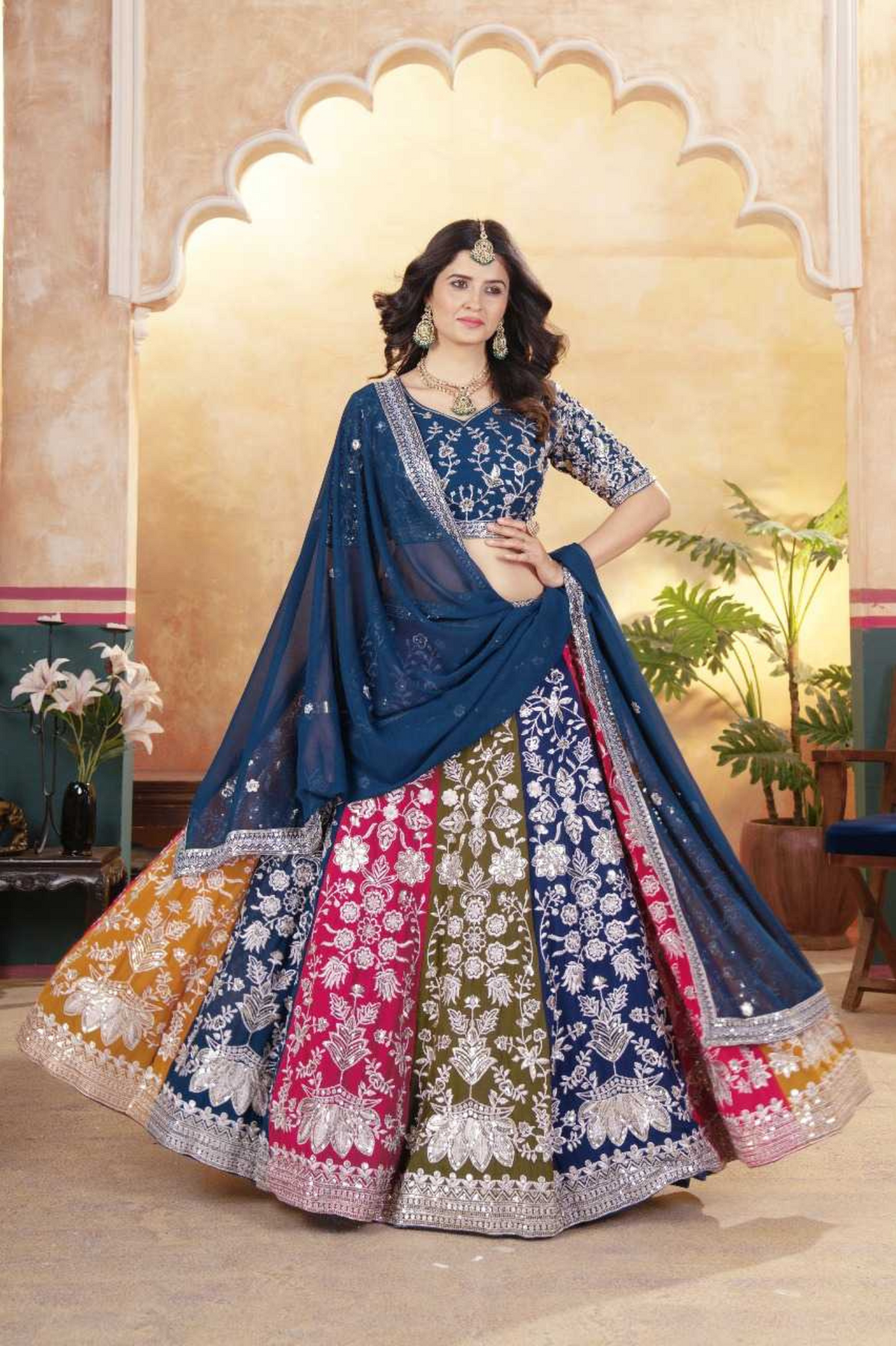 Multi-Panel Embroidered Faux Georgette Lehenga Choli with Dupatta