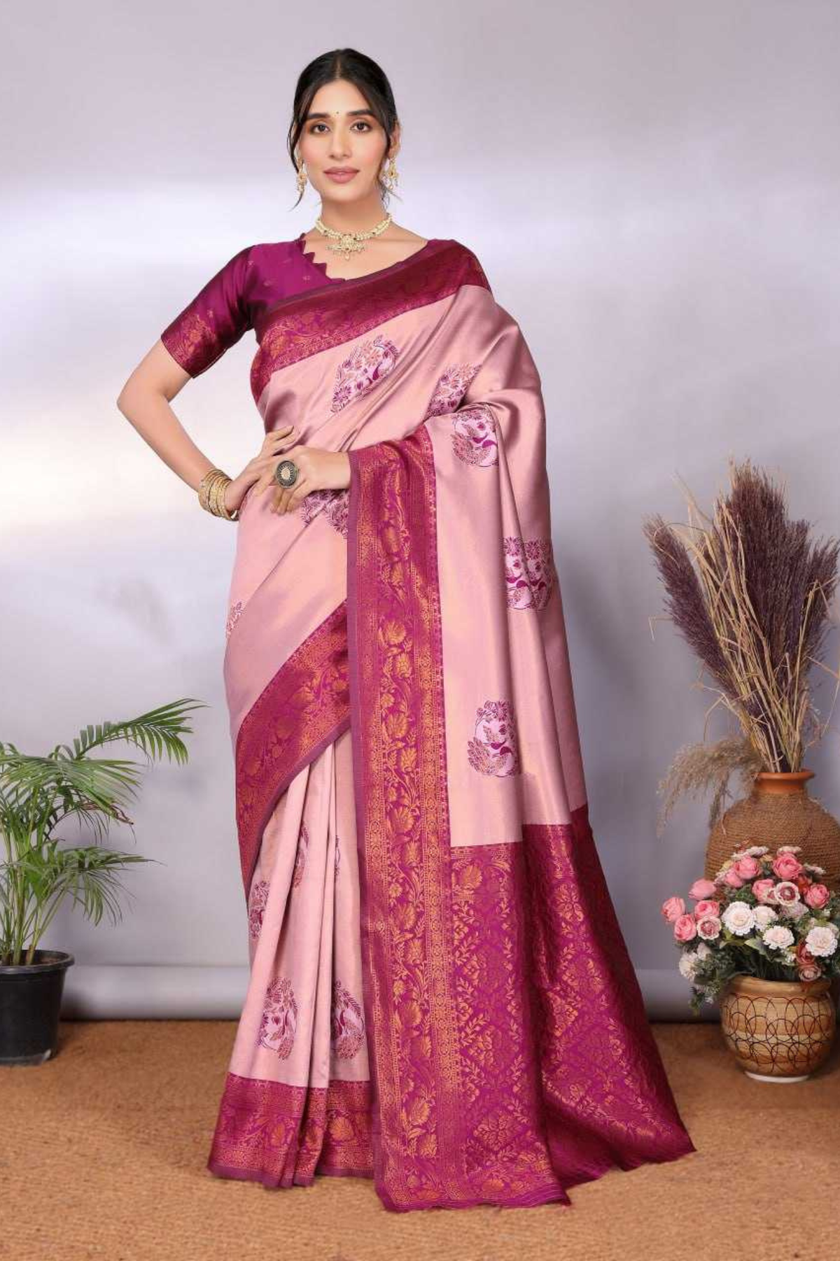 Rose Darbar Banarasi Soft Silk Floral Buti Woven Saree