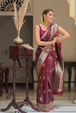 Wine Soft Lichi Silk Saree with Rich Zari Pallu & All-Over Jacquard Weave
