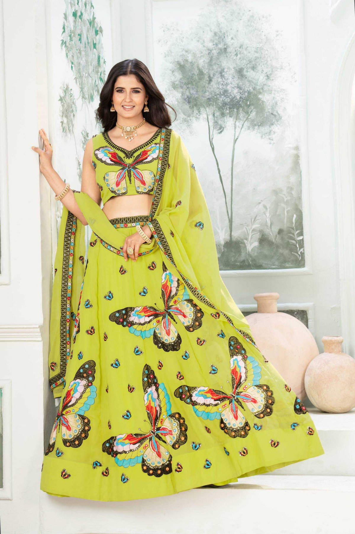 Embroidered Faux Georgette Butterfly Lehenga Choli with Dupatta