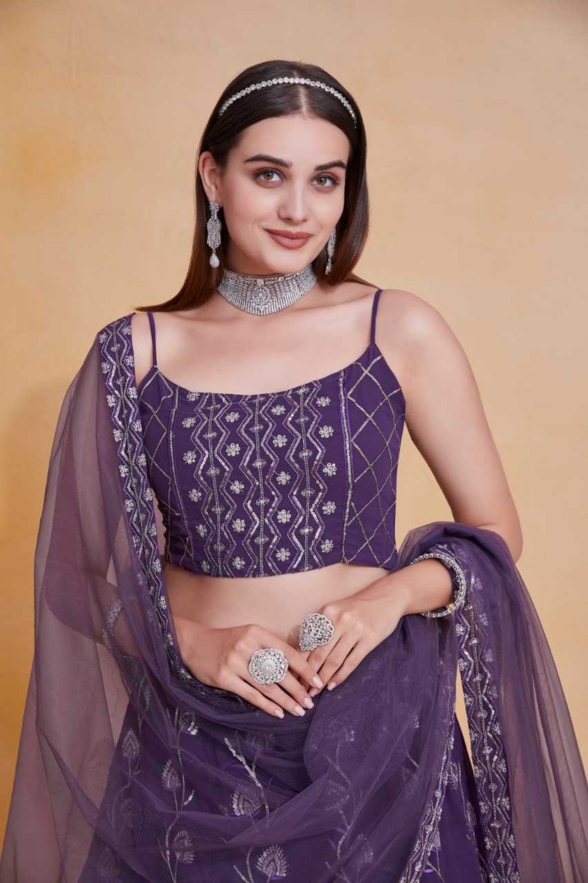 Purple Georgette Embroidered Lehenga Set