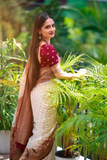 Soft Lichi Silk Jacquard Saree in Cream & Maroon