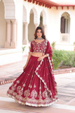 Maroon Vichitra Silk Sequins & Thread Embroidered Bridal Lehenga Set