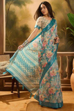 Blue Linen Cotton Saree with Watercolor Floral Print & Contrast Woven Border