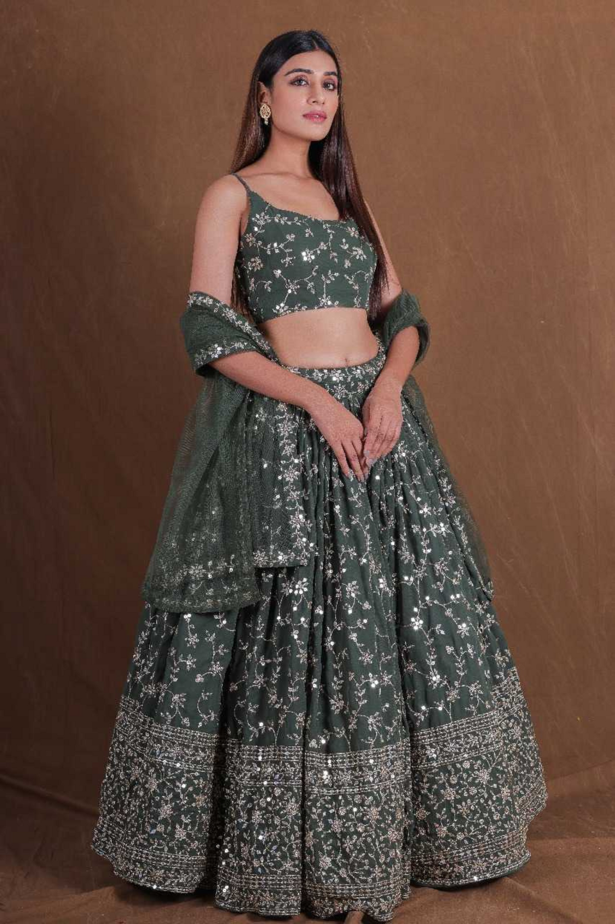 Elegant Olive Green Georgette Embroidered Lehenga Set