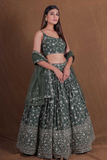 Elegant Olive Green Georgette Embroidered Lehenga Set