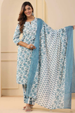Aqua Bloom Rayon Printed Kurti Pant Set with Dupatta