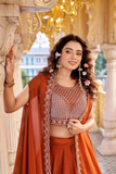 Burnt Orange Rangoli Silk Lehenga Choli Set with Shrug-Style Dupatta