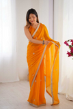 Elegant Yellow Fandy Saree with Beads & Sequin Embroidery