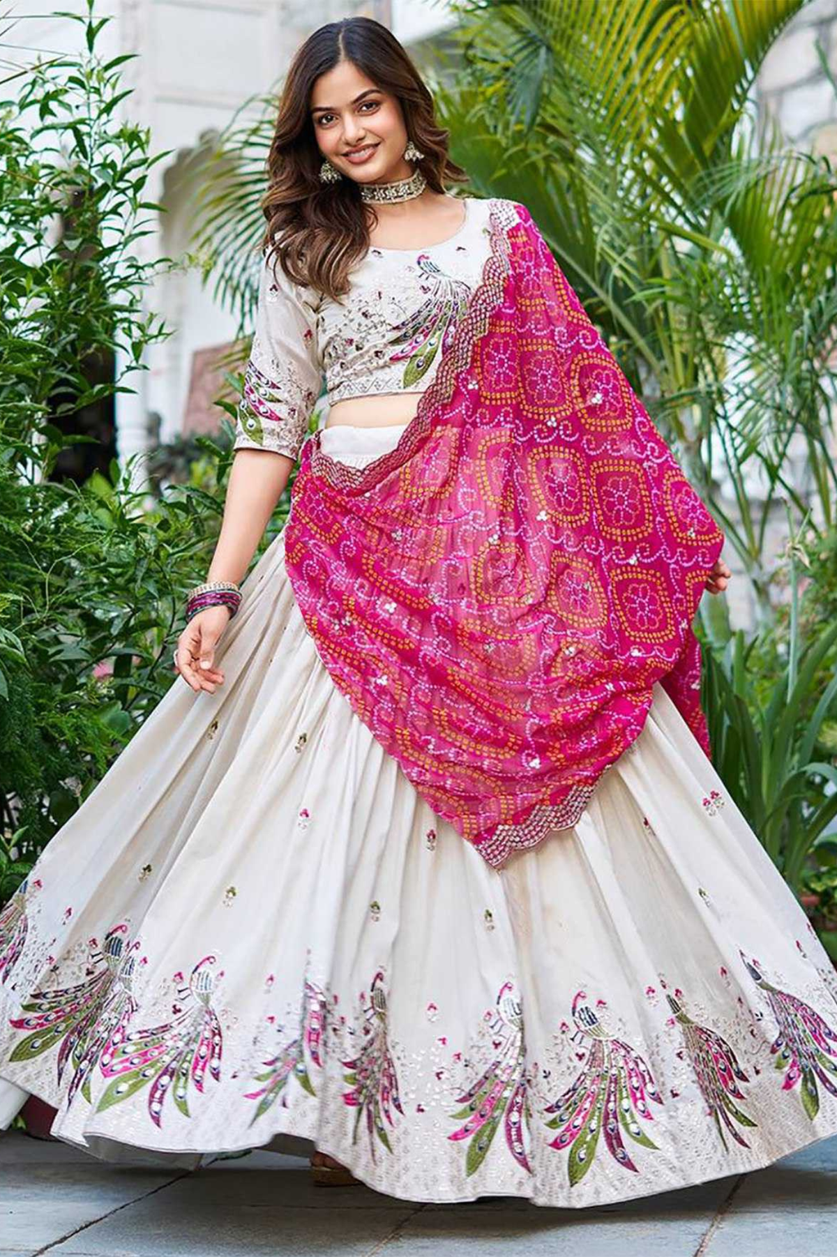 White Chinon Embroidered Peacock Lehenga with Pink Georgette Dupatta