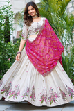 White Chinon Embroidered Peacock Lehenga with Pink Georgette Dupatta