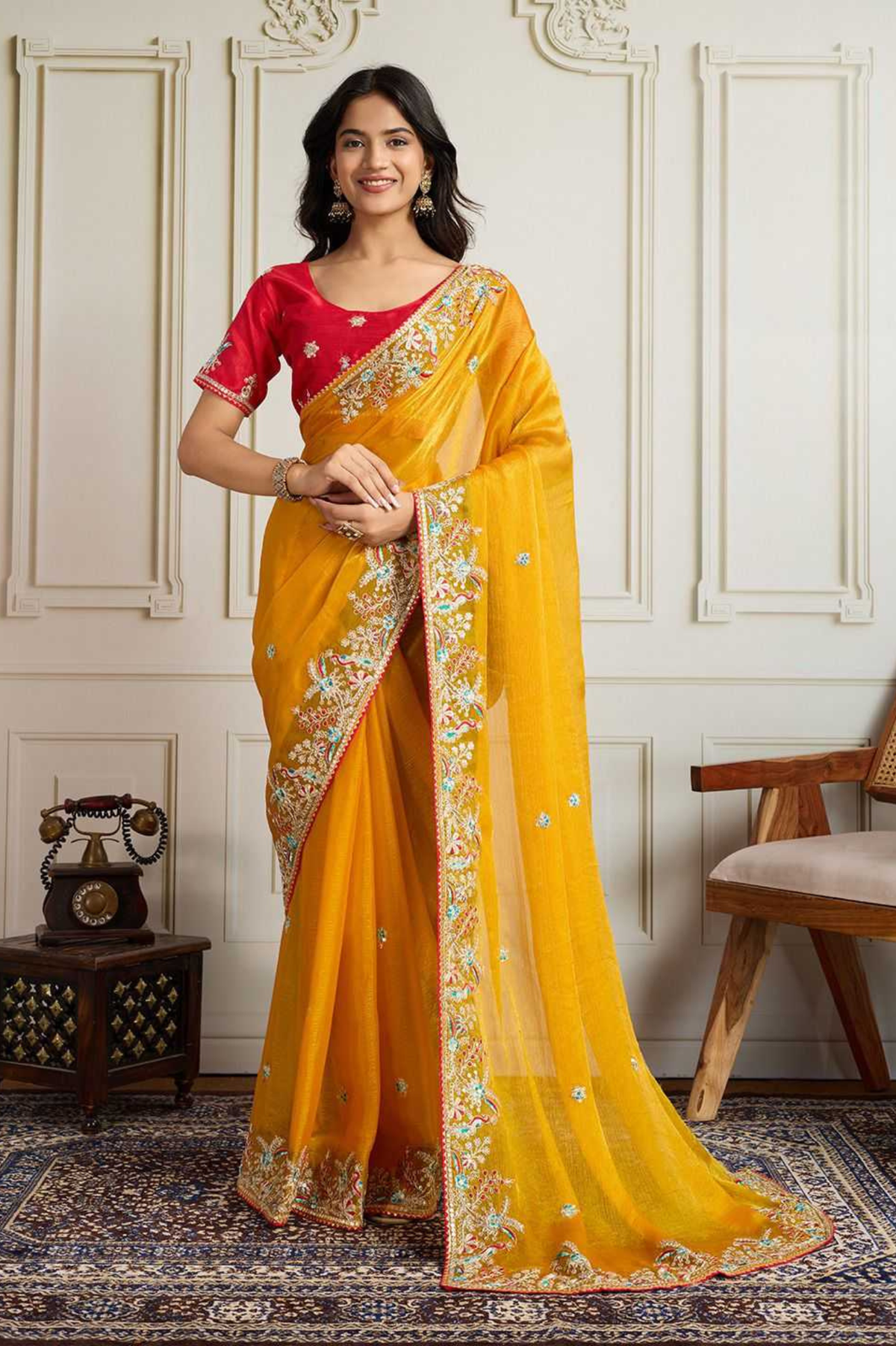 Yellow Soft Star Georgette Embroidered Saree with Contrast Banglory Silk Blouse
