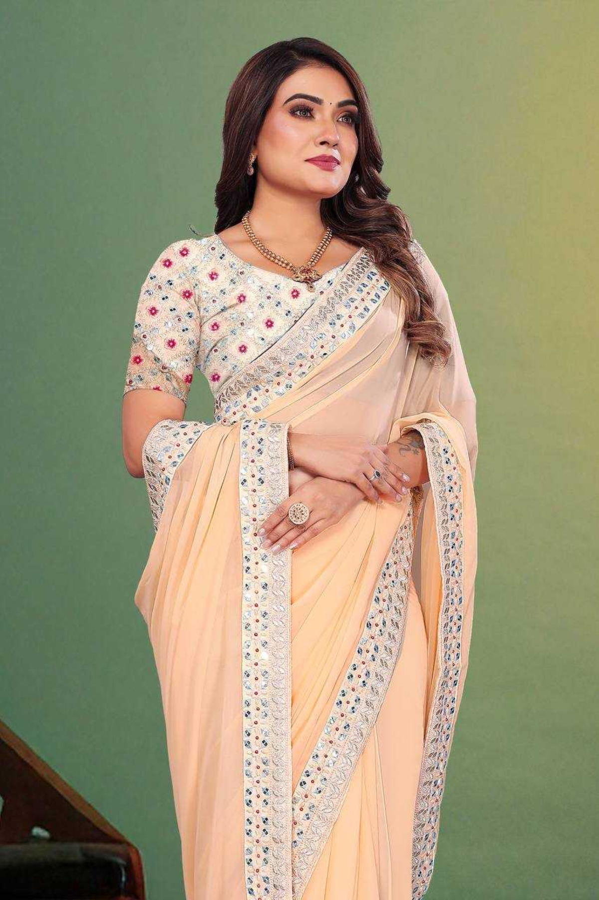 Elegant Faux Georgette Saree with Heavy 9mm Sequins & Stone Work Border