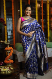 Cobalt Bloom Banarasi Soft Silk All-Over Silver Zari Saree
