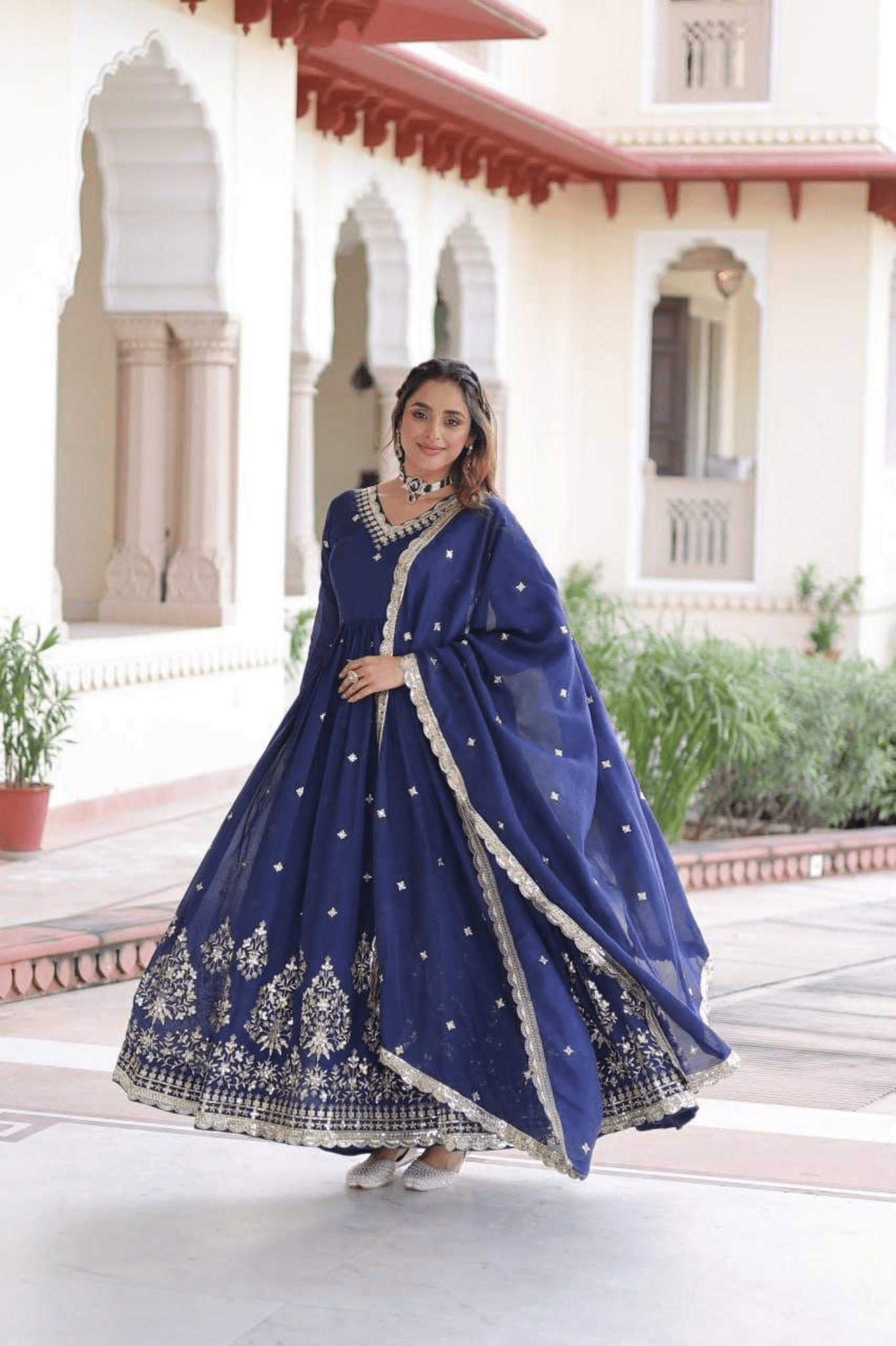 Teal Blue Royal Vichitra Silk Anarkali Gown Set - kavyo.in