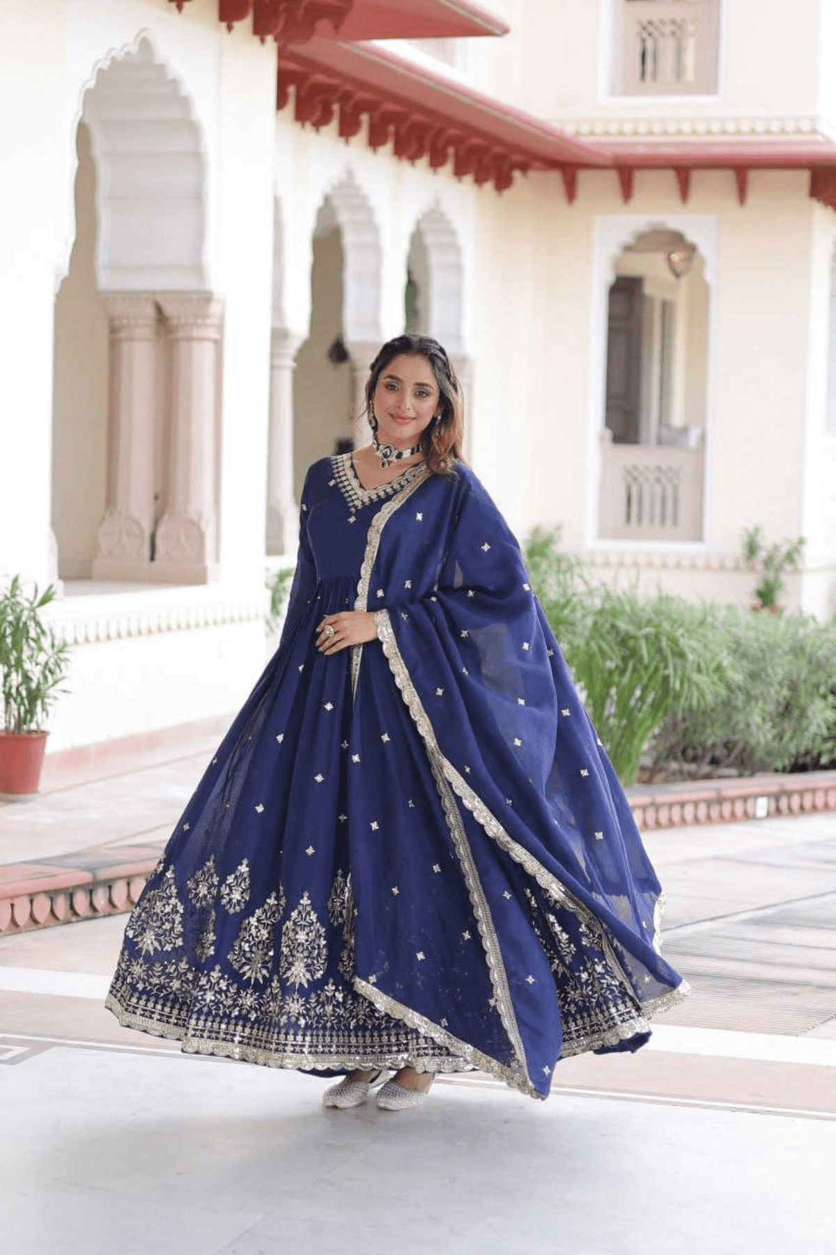 Teal Blue Royal Vichitra Silk Anarkali Gown Set - kavyo.in