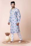 Sky Blue Floral Mono Cotton-Poly Kurta Pajama Set for Men