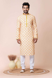 Yellow Print Mono Cotton-Poly Kurta Pajama Set for Men