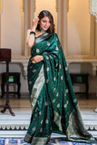 Green Soft Lichi Silk Saree with Rich Zari Pallu & All-Over Jacquard Weave
