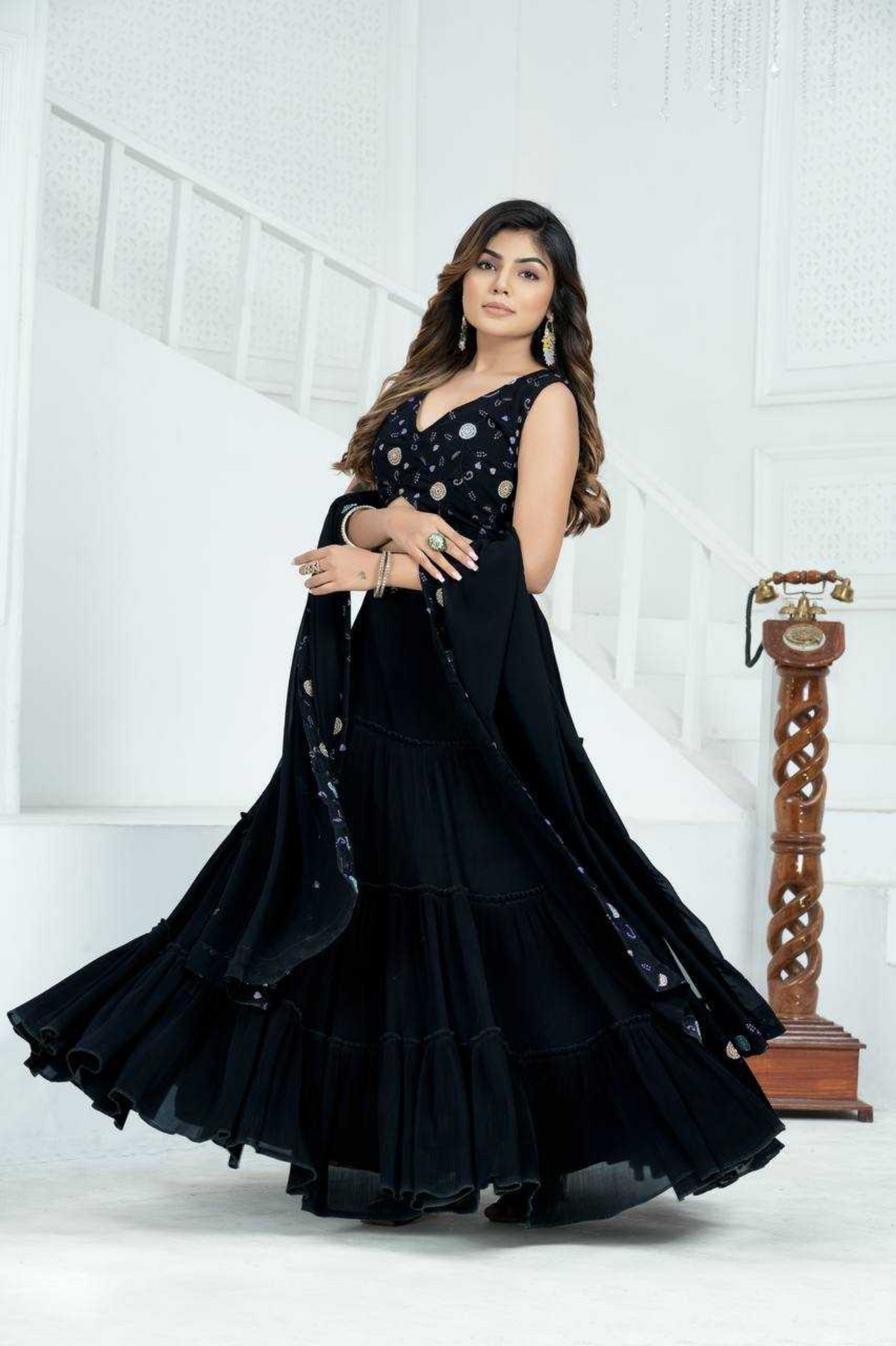Elegant Black Pure Faux Georgette Embroidered Lehenga Set