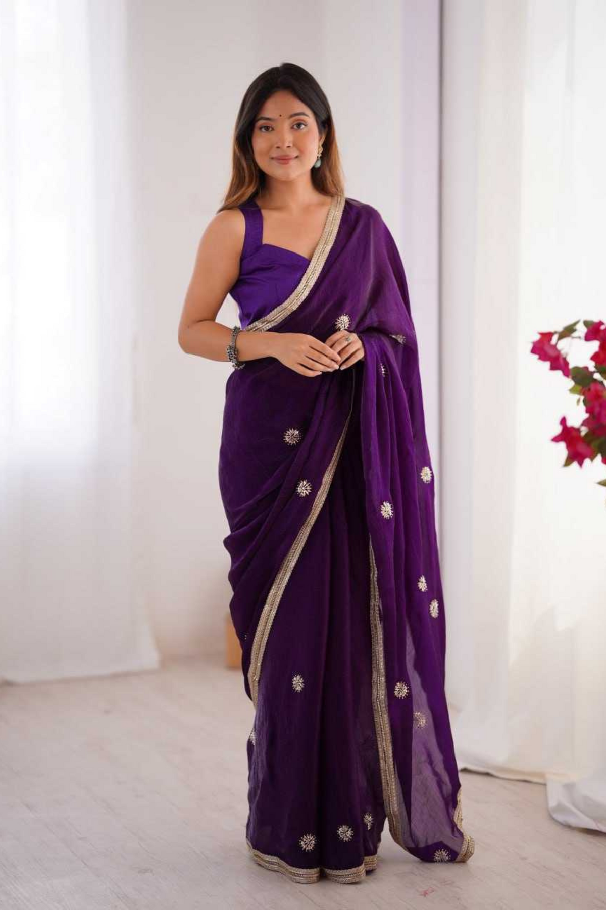 Elegant Purple Fandy Saree with Beads & Sequin Embroidery