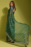 Dark Green Georgette Chiffon Saree with Floral Foil Print and Embroidered Lace Border