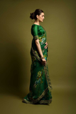 Green Floral Georgette Saree with Golden Embroidered Lace Border