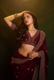 Maroon Soft Silk Organza Saree with All-Over Sequin and Thread Embroidery