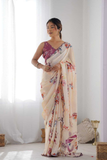 Elegant Floral Print Heavy Chinnon Saree with Mirror Lace Detailing