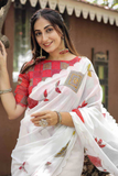 White Soft Chanderi Cotton Saree with Embroidery & Zari Patti Border