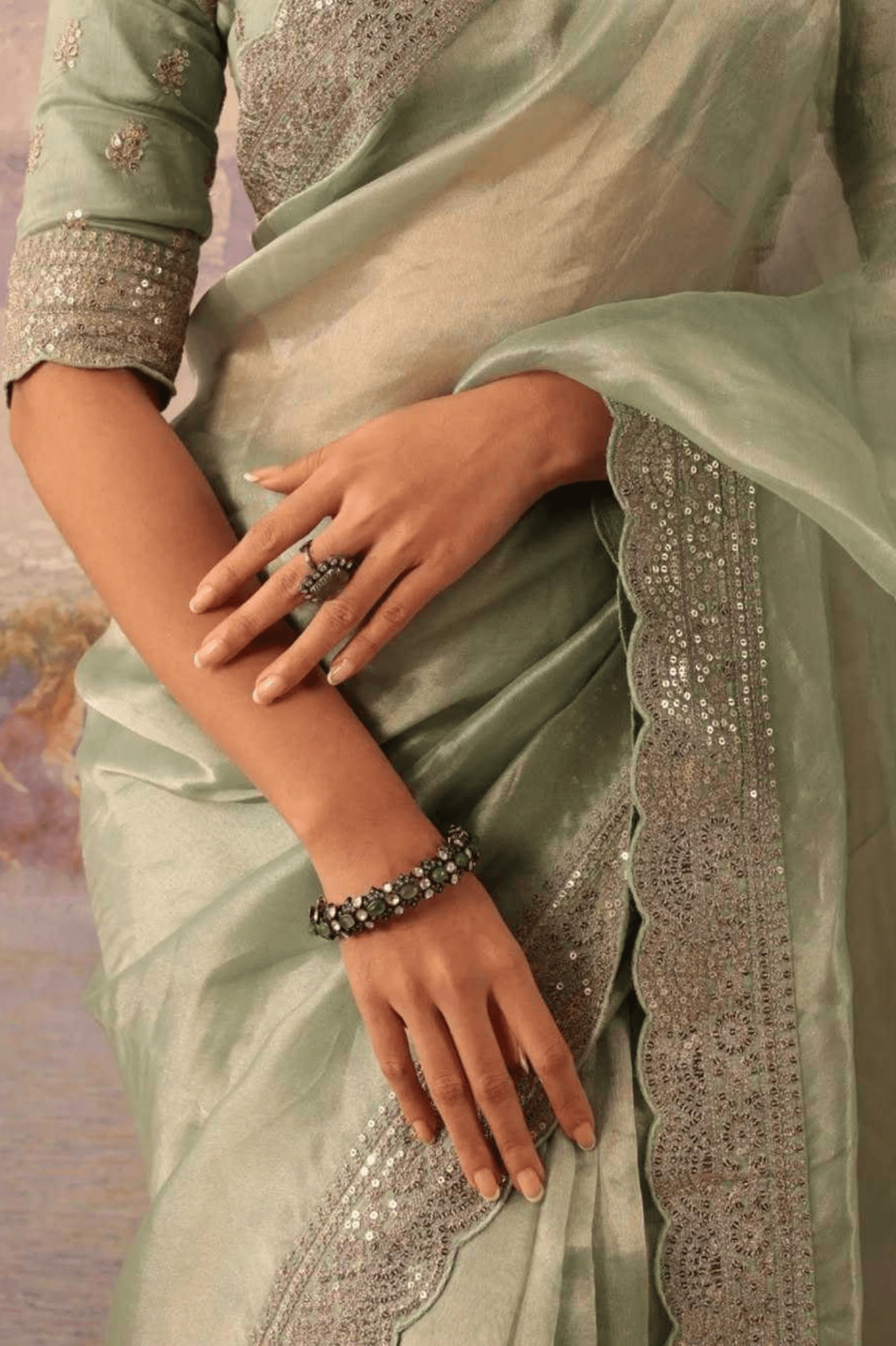 Mint Whisper Soft Zimmy Chu Silk Embroidered Saree with Designer Blouse - kavyo.in