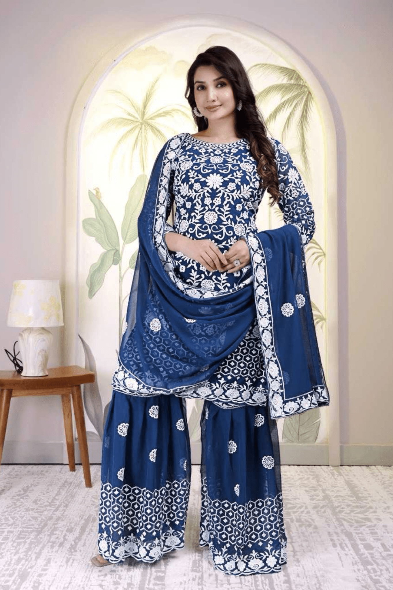 Navy Blue Faux Georgette Embroidered Palazzo Suit with Dupatta - kavyo.in
