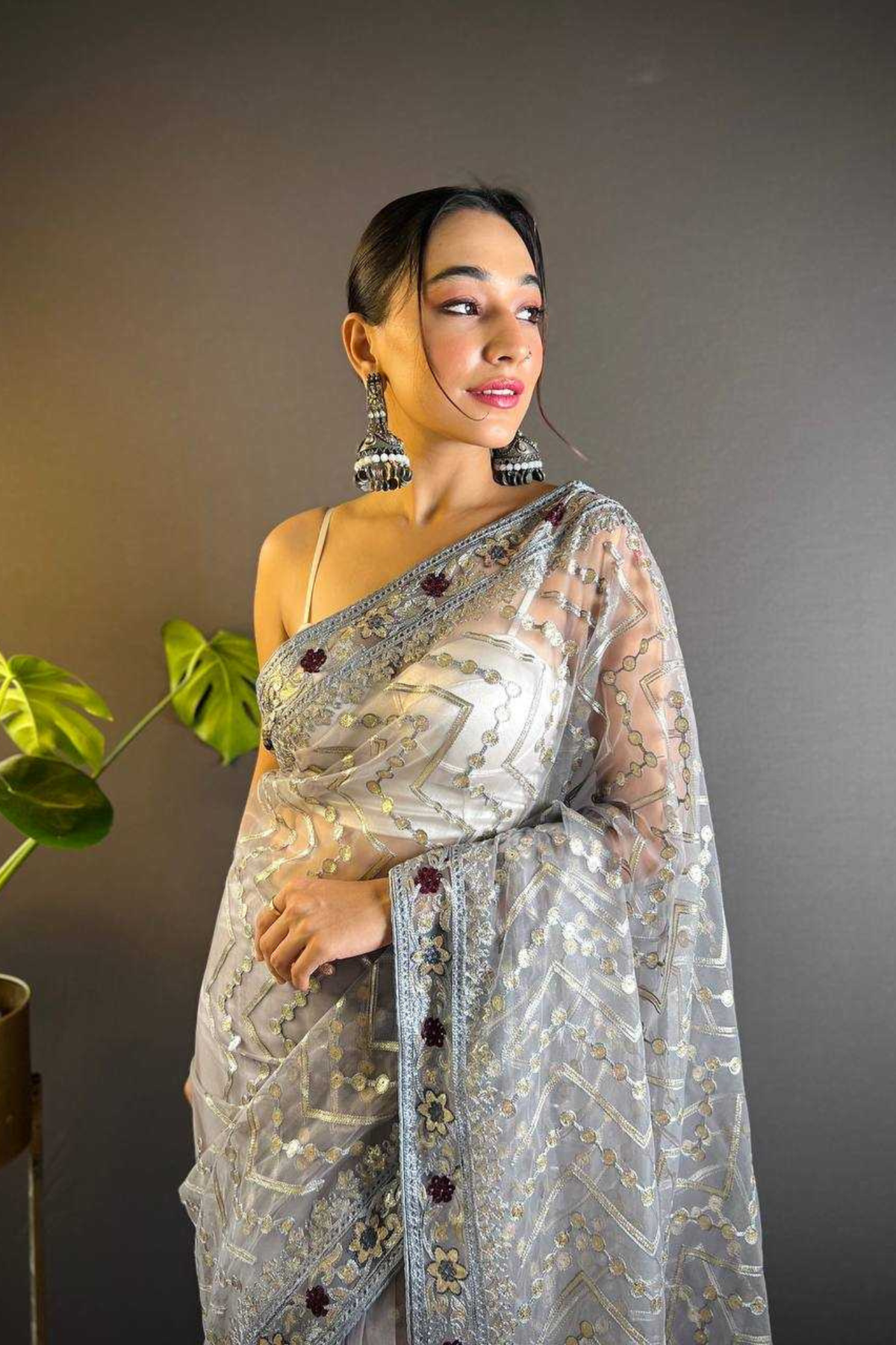 Designer Butterfly Net Saree with Stone & Foil Thread Embroidery Work